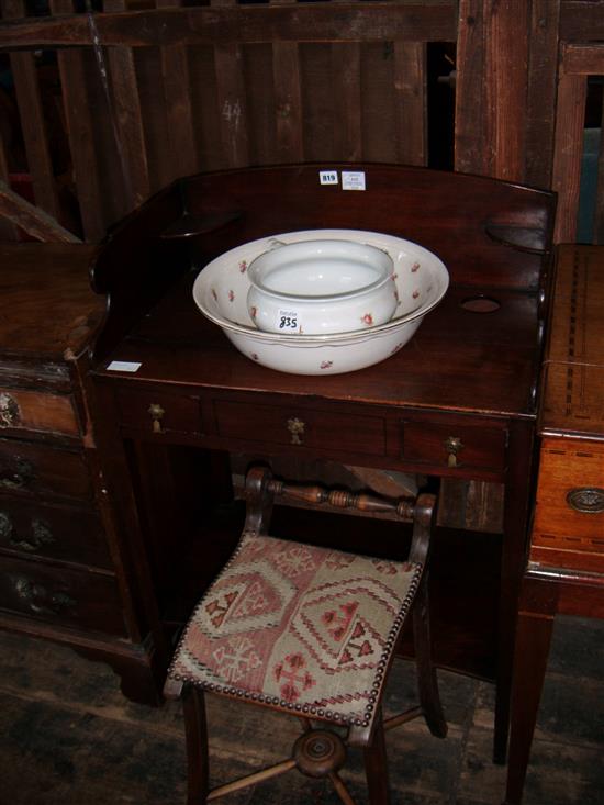 Mahogany washstand with bowl & a tapestry stool